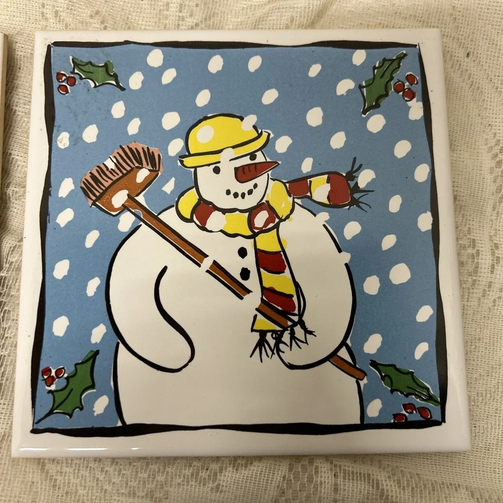 SANTA And SNOWMAN In Snow Tile Trivet Hot Pads Cork Back Portugal Lot Of 2 Chip